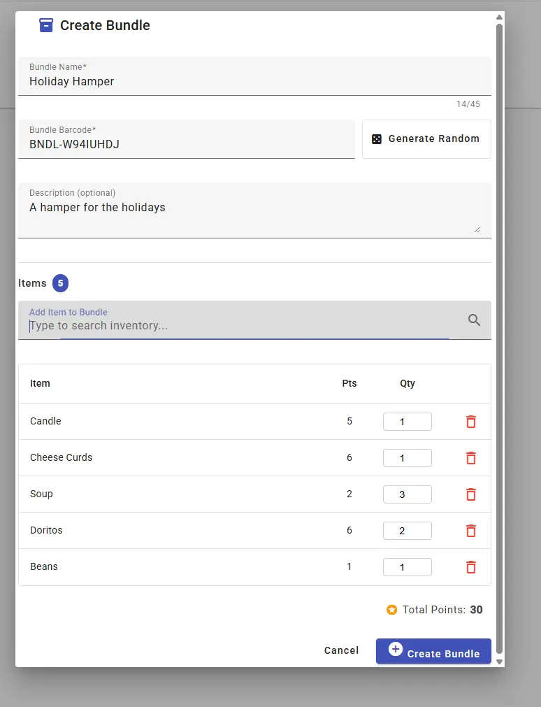Bundle Manager showing a Holiday Hamper bundle being created with 5 items and a live total of 30 points