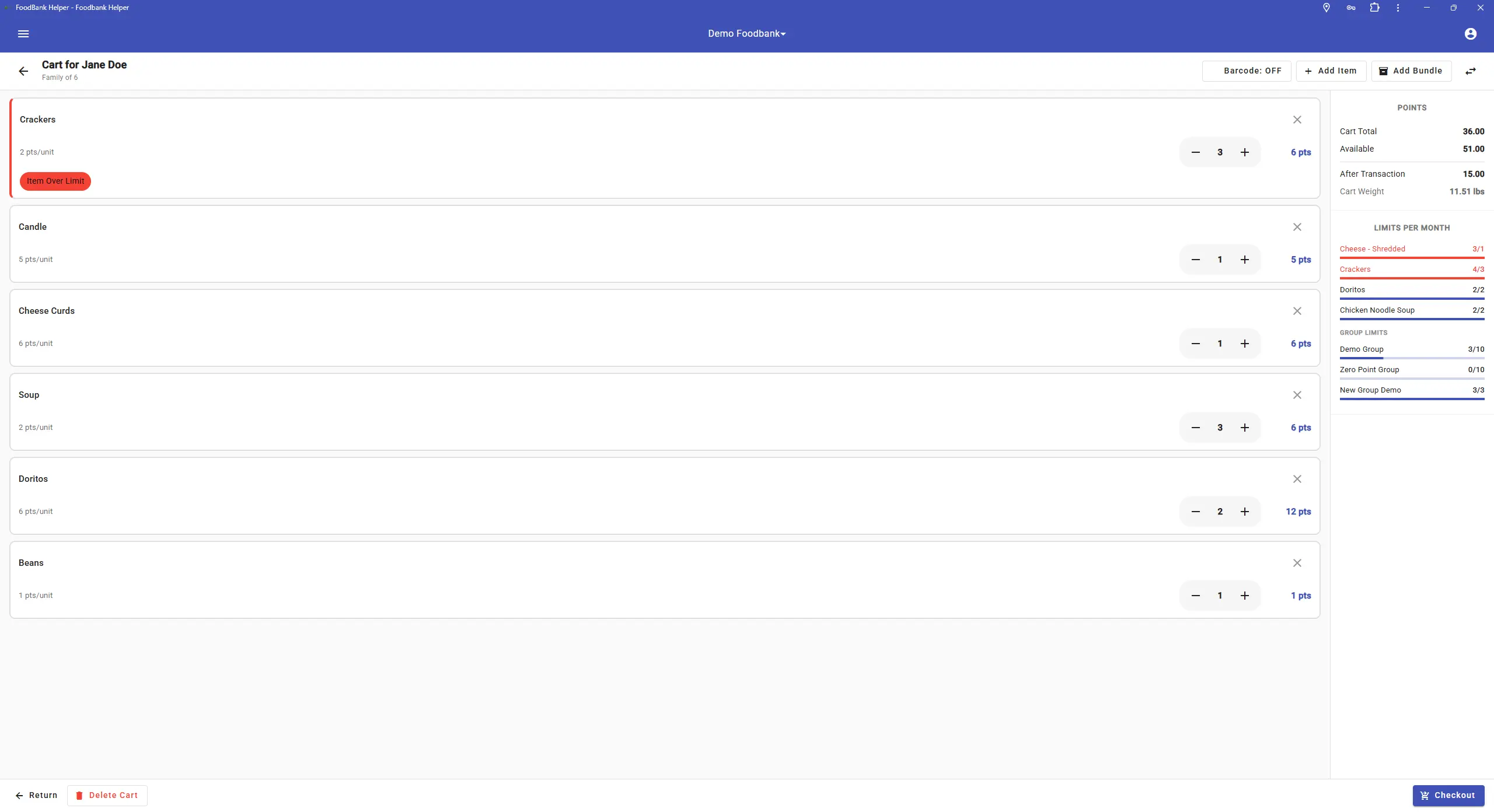 Cart V2 showing a client cart with items, point balance summary, and item group limit warnings on the right side