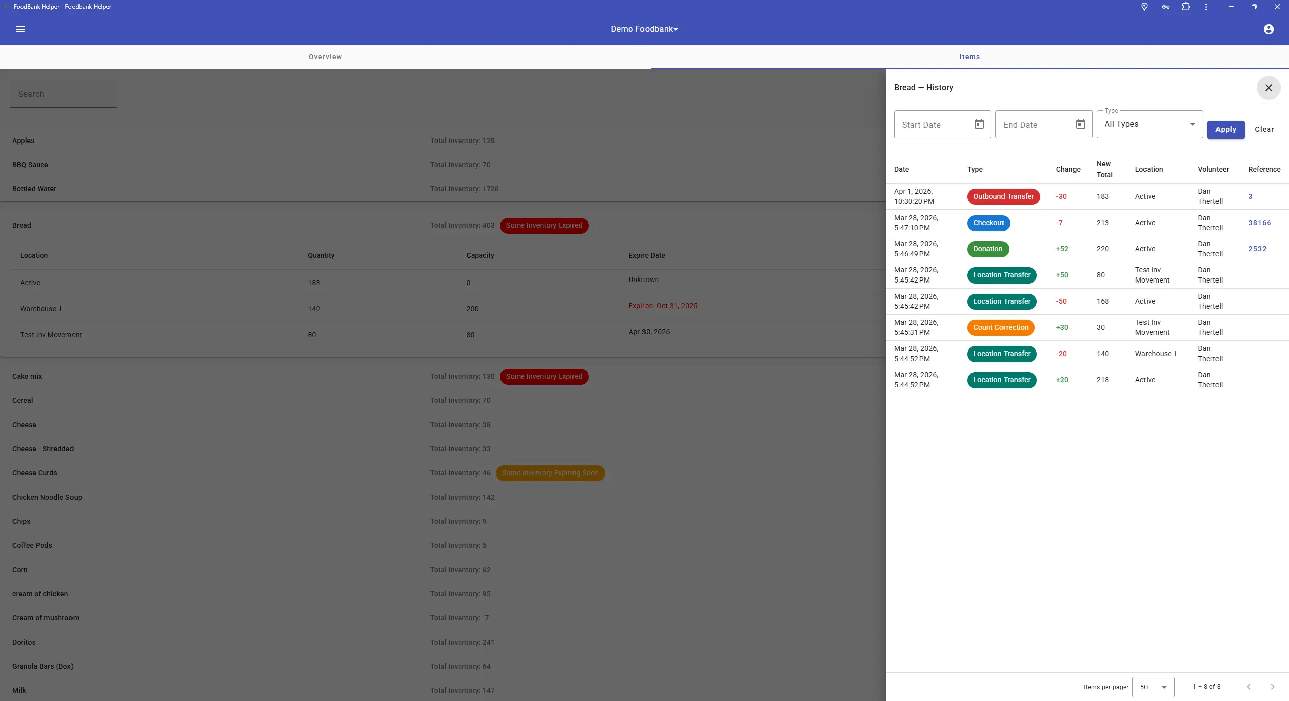 Inventory audit log showing chronological transaction history with types like Outbound Transfer, Donation, and Location Transfer