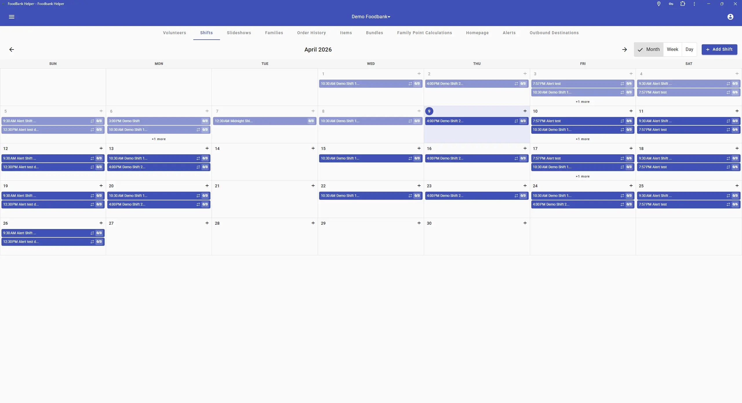 Redesigned shift calendar for April 2026 in month view, showing volunteer names and headcounts per shift, with overflow indicators