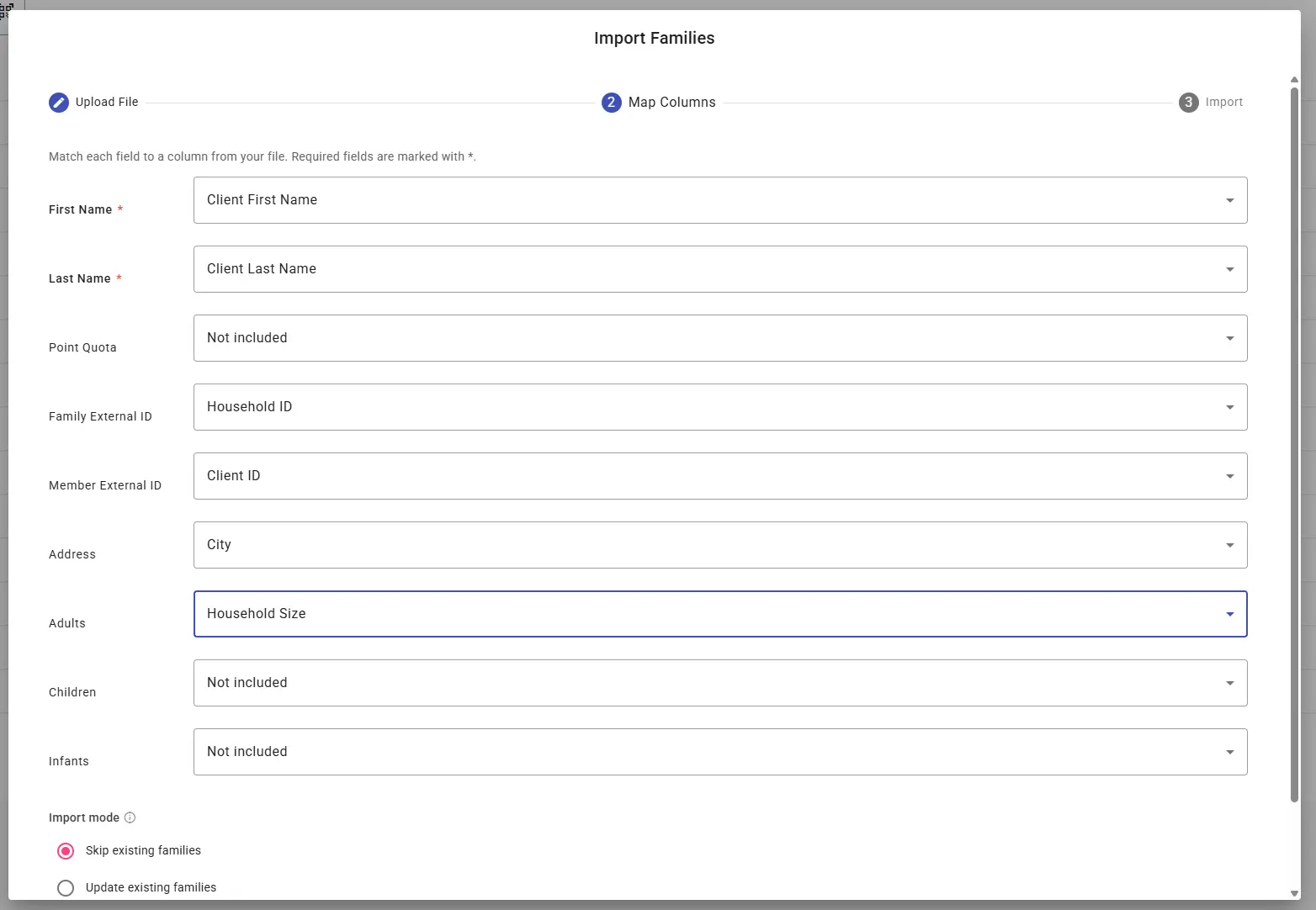 Bulk import wizard showing field-mapping dropdowns matching uploaded CSV column headers to Foodbank Helper fields