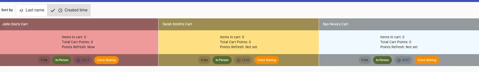 Cart dashboard showing client cart tiles with live wait-time timers, some tiles color-coded yellow and red