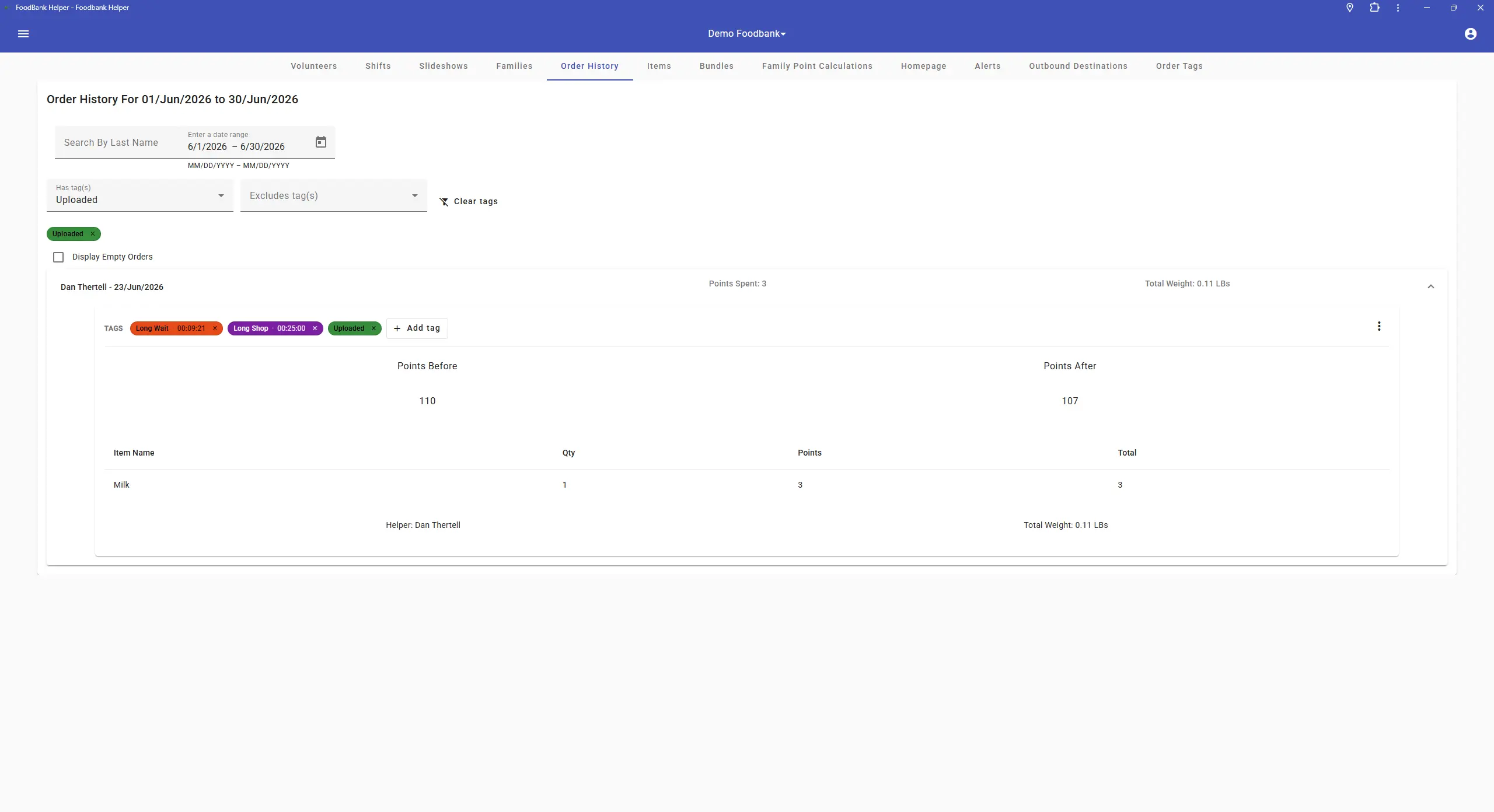 Order history page showing orders labeled with colorful dynamic tags and a filter by tag