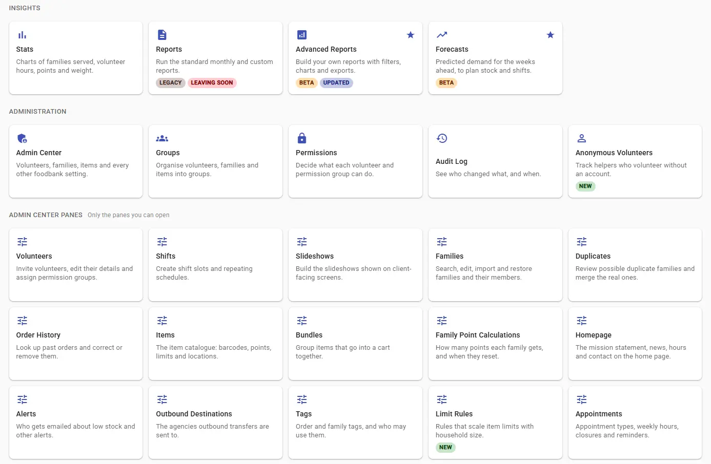 Part of the All pages screen showing tiles grouped under Insights, Administration and Admin Center Panes, each with an icon, a one-line description and tags like New and Beta