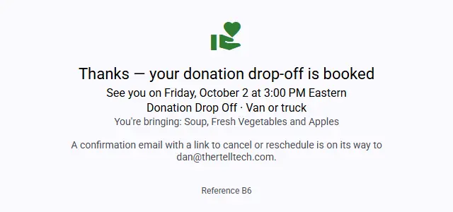 Booking confirmation page telling a donor their donation drop-off is booked, with the date, time, size and what they are bringing