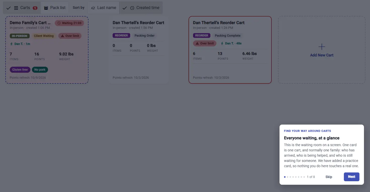 First step of the Find your way around carts tour, a pop-up explaining the cart screen while the rest of the page is dimmed